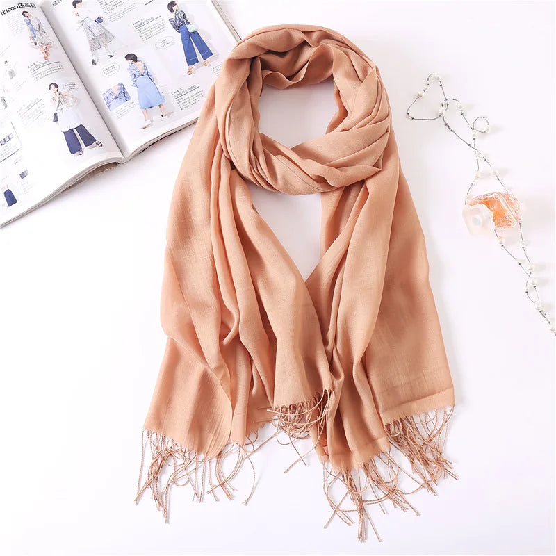 Women's Tassel Scarf, Soft Solid Color Shawl Wrap