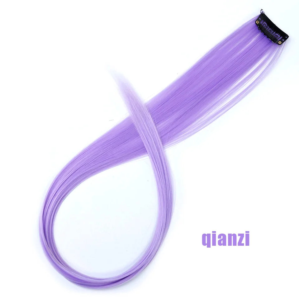 All Long Straight Color Hair Piece Hair Extensions Clip In Highlight Rainbow Hair Streak Pink Synthetic Hair Strands on Clips