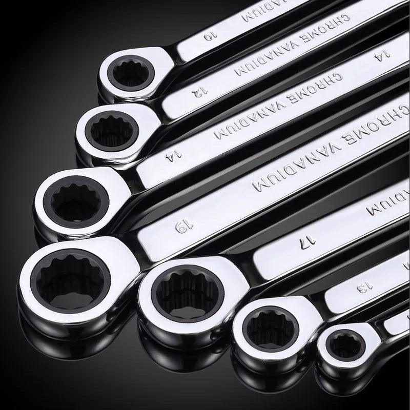 Ratcheting Combination Wrench Set,12 Point Box End and Open End Wrench Set spanner Fit for Garage,Home DIY, Repair,Maintenance