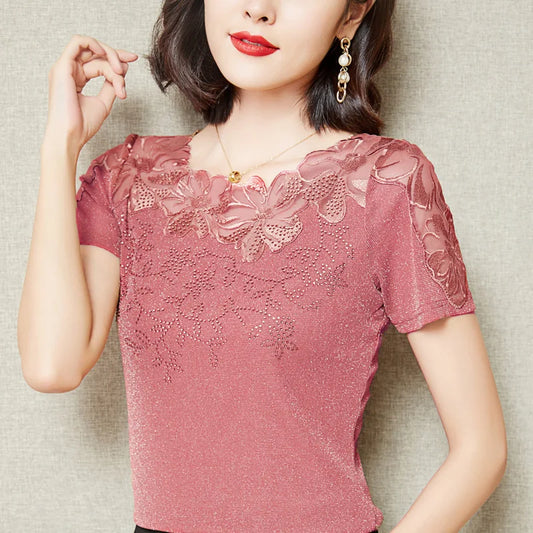 Lace Embroidery Mesh Top – Plus-Size Short-Sleeve Tee M-5XL