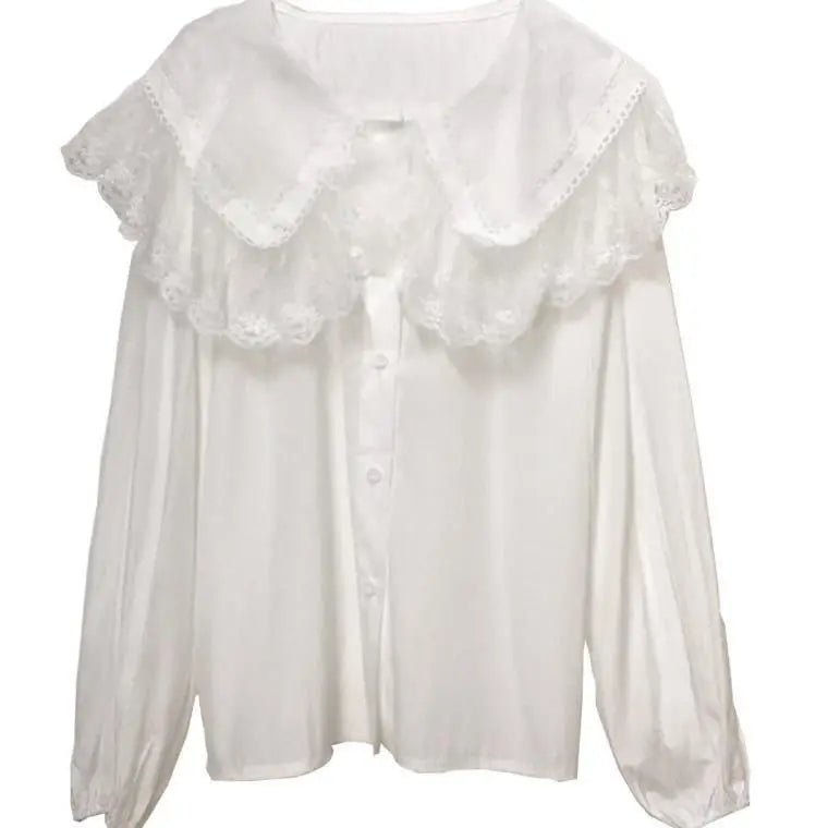 Women Blouse Fan Col Claudine Top Long Sleeve Lace Collar Shirt Blusas Ropa De Mujer