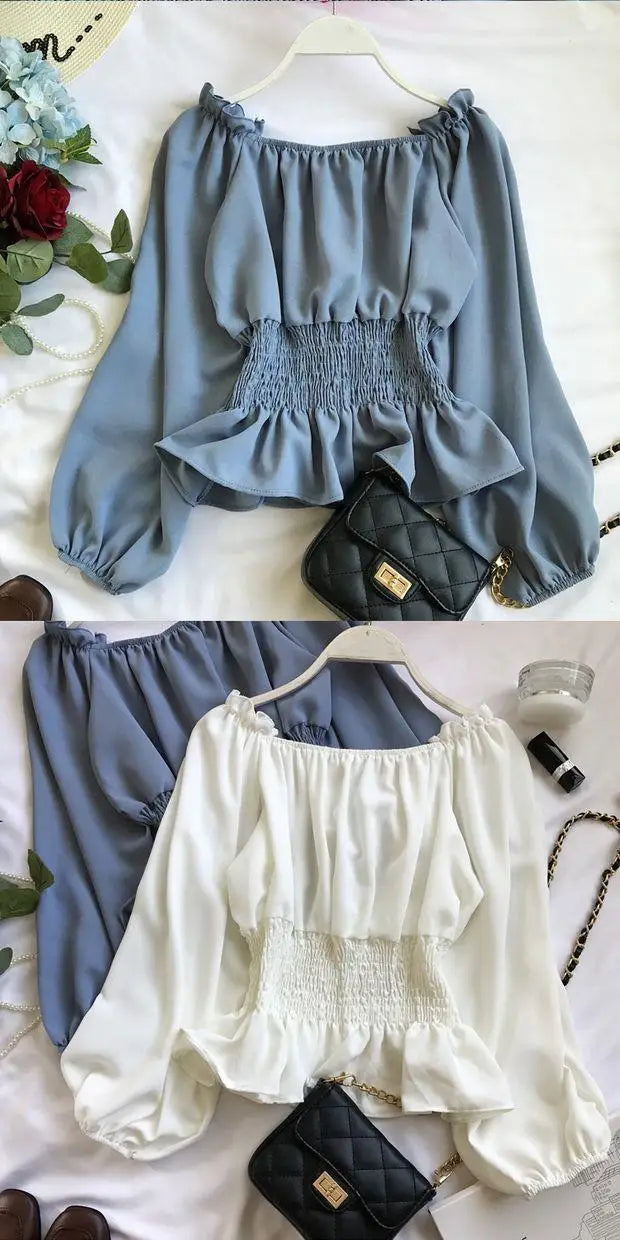 Youth Elegant Blouse Women Chiffon Fashion Blouse Off Shoulder White Shirt Ruffle Puff Sleeve Top Office wear 2026