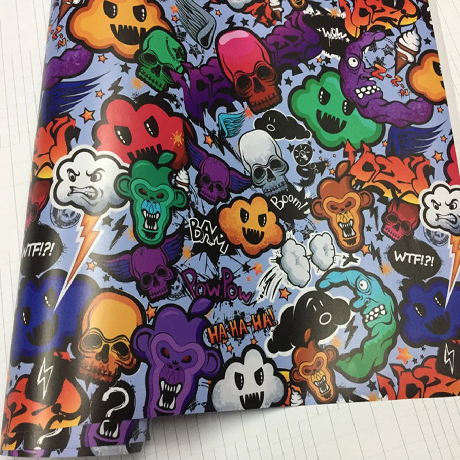 Skull Graffiti Stickerbomb Car Wrap — Vinyl Film, Air-Release