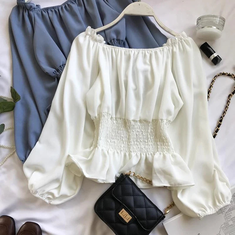 Youth Elegant Blouse Women Chiffon Fashion Blouse Off Shoulder White Shirt Ruffle Puff Sleeve Top Office wear 2026