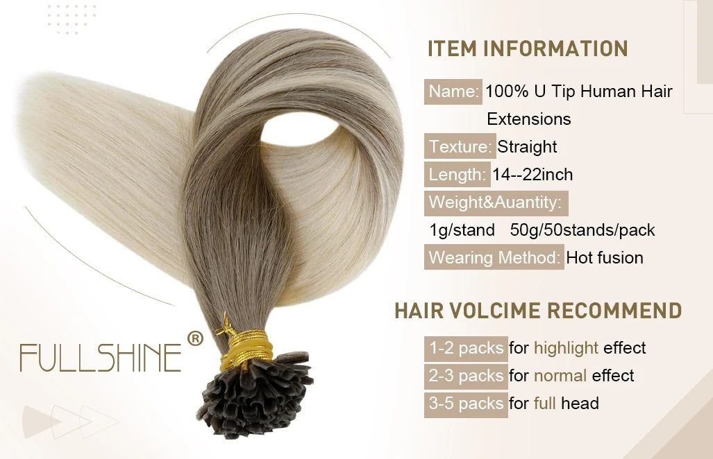 Full Shine U Tip Hair Extensions Fusion Hair Balayage Color 40-50g Keratin Glue Beads Prebonded Human Hair Extensiones