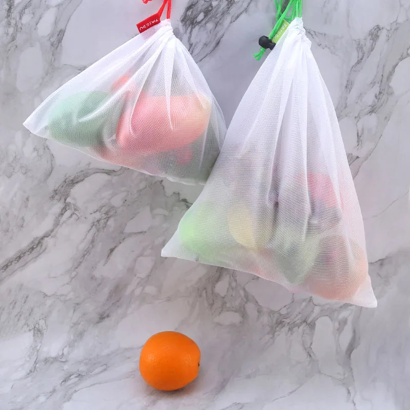 FAIS DU 5pcs Mesh Reusable Storage Bags Comes With Logo Fruit Vegetable Home Washable Bags Kitchen Storage Bags Storage Supplies