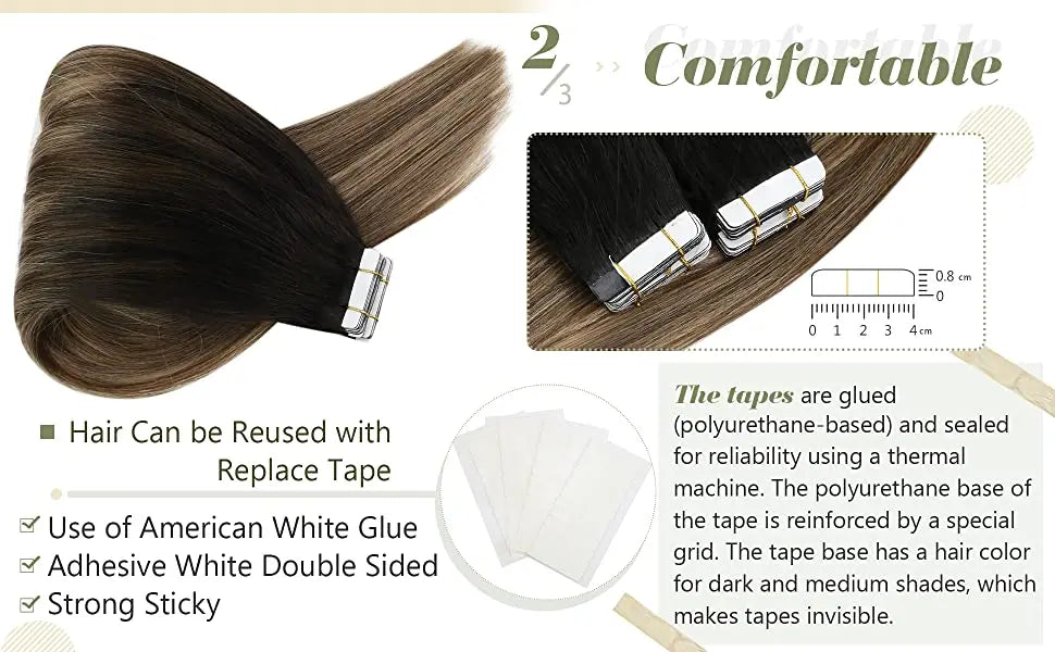 VeSunny Remy Tape In Hair Extensions  Brazilian Human Natural Hair 12-22 inches 30&50G  Balayage Color  Human Hair  Extensions