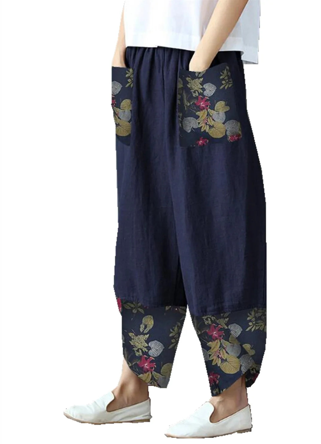 Vintage Print Women Pants Fashion Irregular Casual High Waist Elastic Waist Straight Loose Trousers Summer Lady Cargo Pantalon