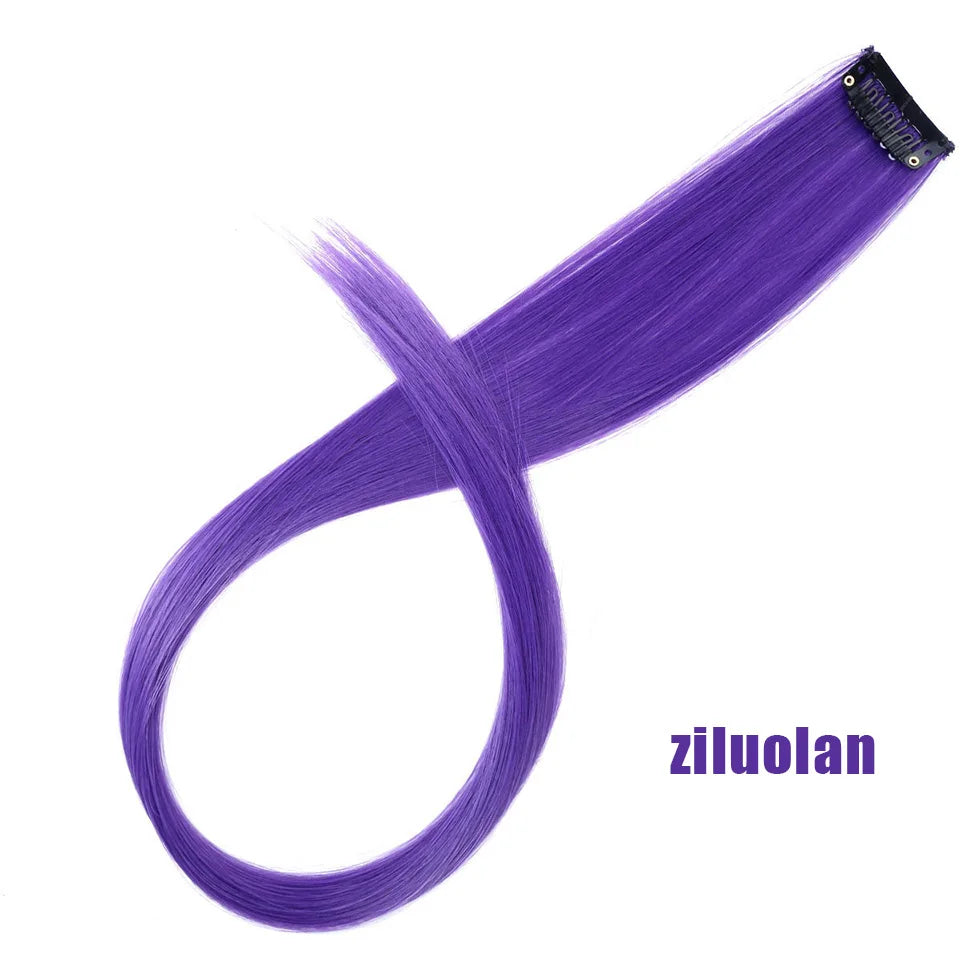All Long Straight Color Hair Piece Hair Extensions Clip In Highlight Rainbow Hair Streak Pink Synthetic Hair Strands on Clips