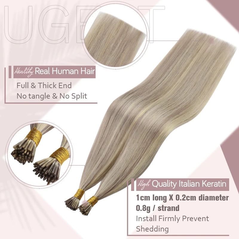 Ugeat I Tip Hair Extensions Pre Bonded Hair Remy Fusion Hair 14-24 Inch 40g/80g Straight Stick Tip Human Hair