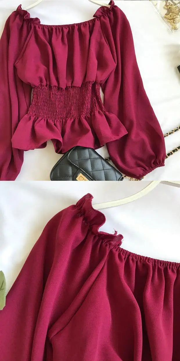 Youth Elegant Blouse Women Chiffon Fashion Blouse Off Shoulder White Shirt Ruffle Puff Sleeve Top Office wear 2026