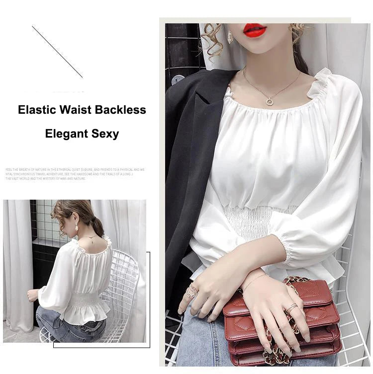 Youth Elegant Blouse Women Chiffon Fashion Blouse Off Shoulder White Shirt Ruffle Puff Sleeve Top Office wear 2026
