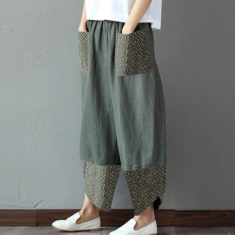Vintage Print Women Pants Fashion Irregular Casual High Waist Elastic Waist Straight Loose Trousers Summer Lady Cargo Pantalon