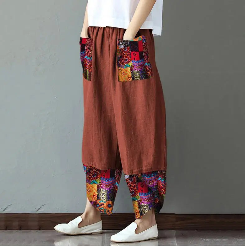 Vintage Print Women Pants Fashion Irregular Casual High Waist Elastic Waist Straight Loose Trousers Summer Lady Cargo Pantalon