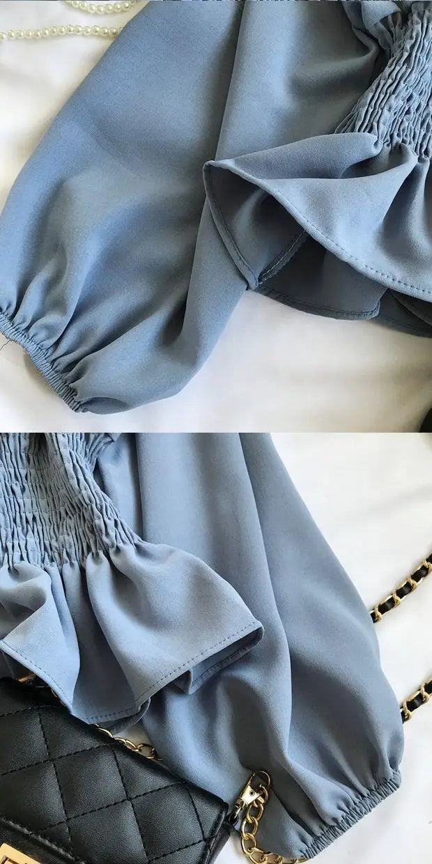 Youth Elegant Blouse Women Chiffon Fashion Blouse Off Shoulder White Shirt Ruffle Puff Sleeve Top Office wear 2026