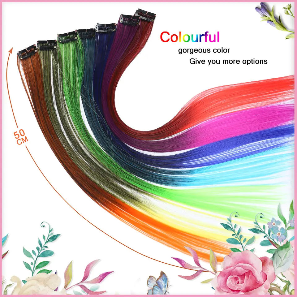 All Long Straight Color Hair Piece Hair Extensions Clip In Highlight Rainbow Hair Streak Pink Synthetic Hair Strands on Clips