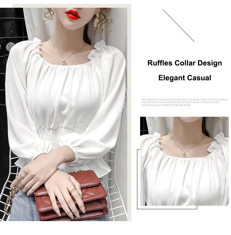 Youth Elegant Blouse Women Chiffon Fashion Blouse Off Shoulder White Shirt Ruffle Puff Sleeve Top Office wear 2026
