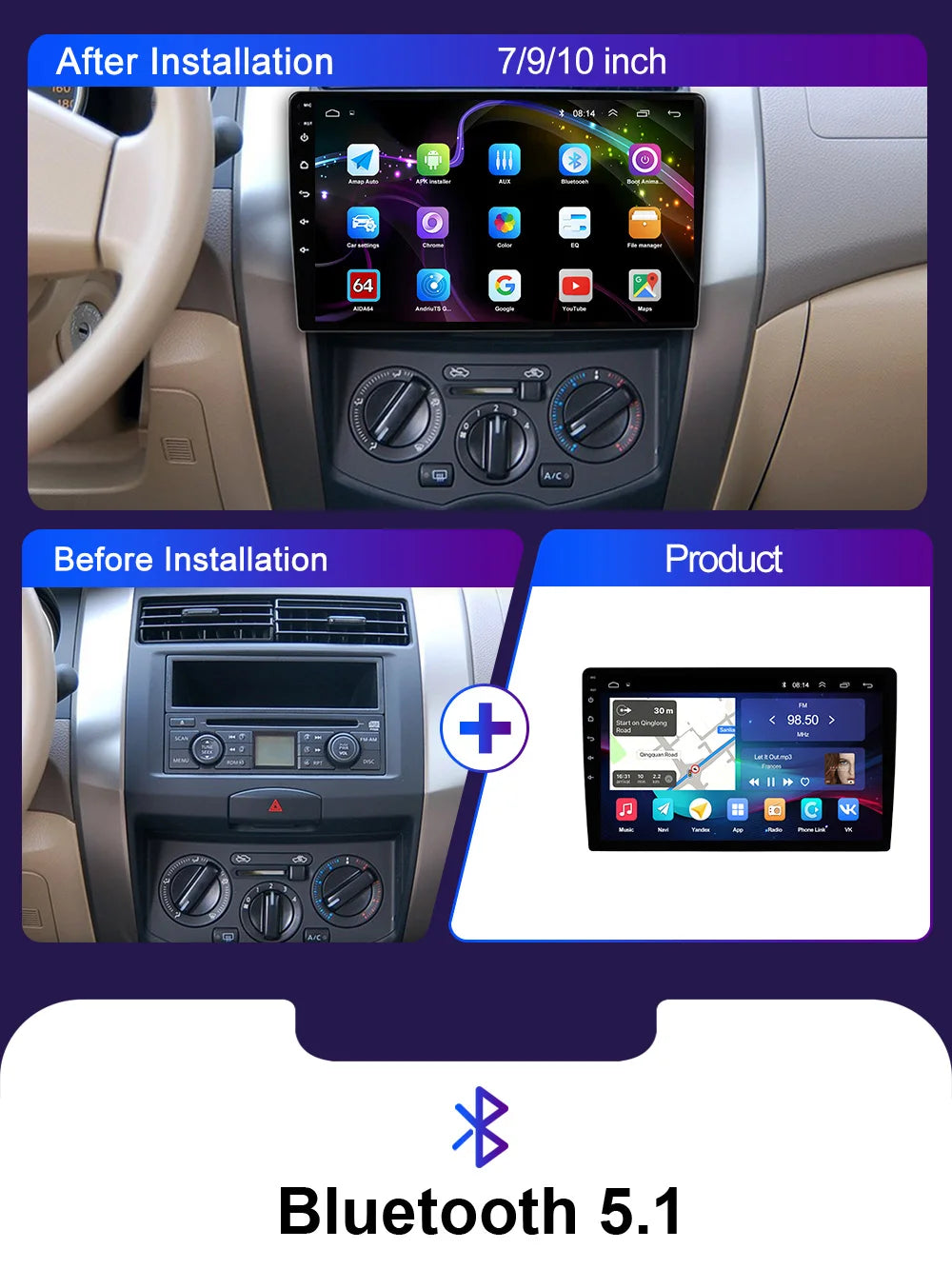 LEHX  7/9/10'' 4GB-64GB 2Din Android 15 Carplay Auto Car Radio Multimedia Stereo For toyota Hyundai Kia Volkswagen Jeep Fiat