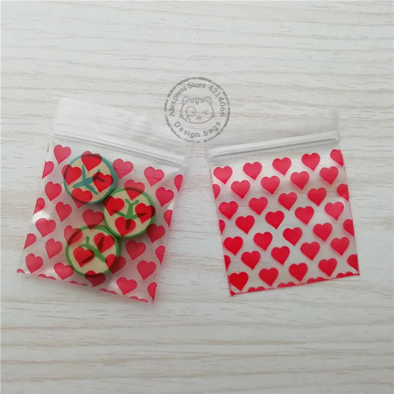 50-100pcs Mini Reclosable Storage Baggies - 1.75" Zip Craft Bags (Heart Print)