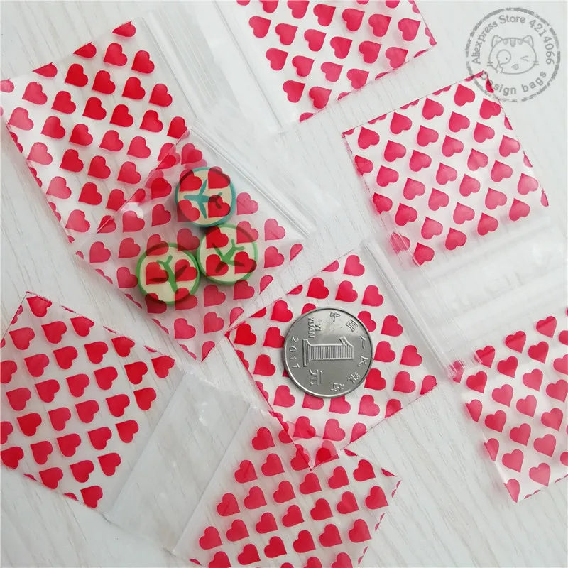 50-100pcs Mini Reclosable Storage Baggies - 1.75" Zip Craft Bags (Heart Print)