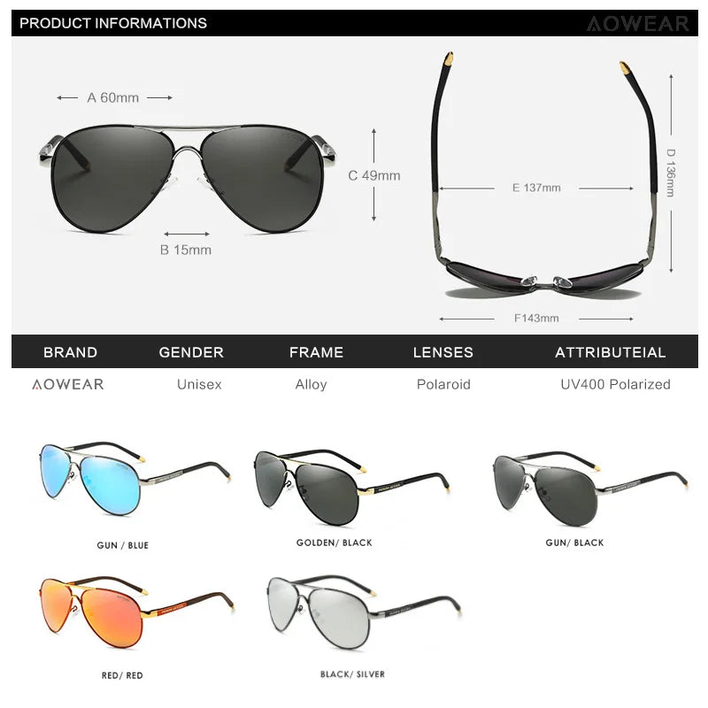AOWEAR Polarized Aviator Sunglasses — Mirror Coating, Unisex