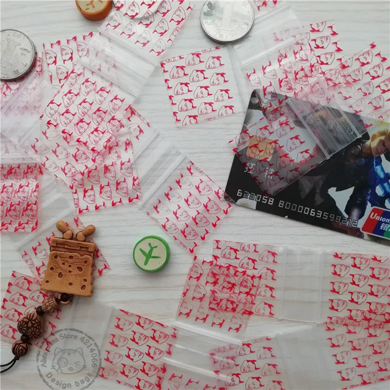 100pcs Mini Reclosable Storage Baggies - 1.25" Zip Craft Bags (Red Print)