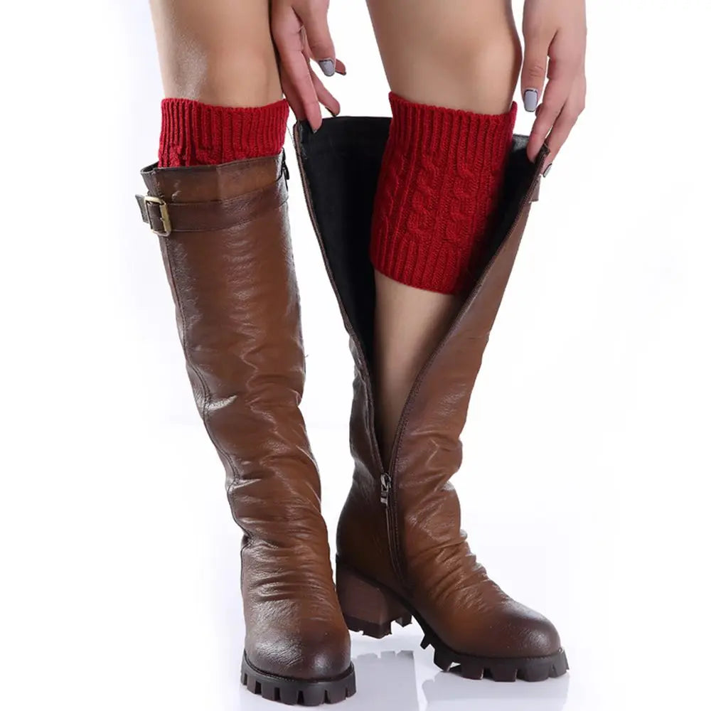 Women's Short Knit Leg Warmers - Boot Cuffs in Grey & Khaki - photo 3