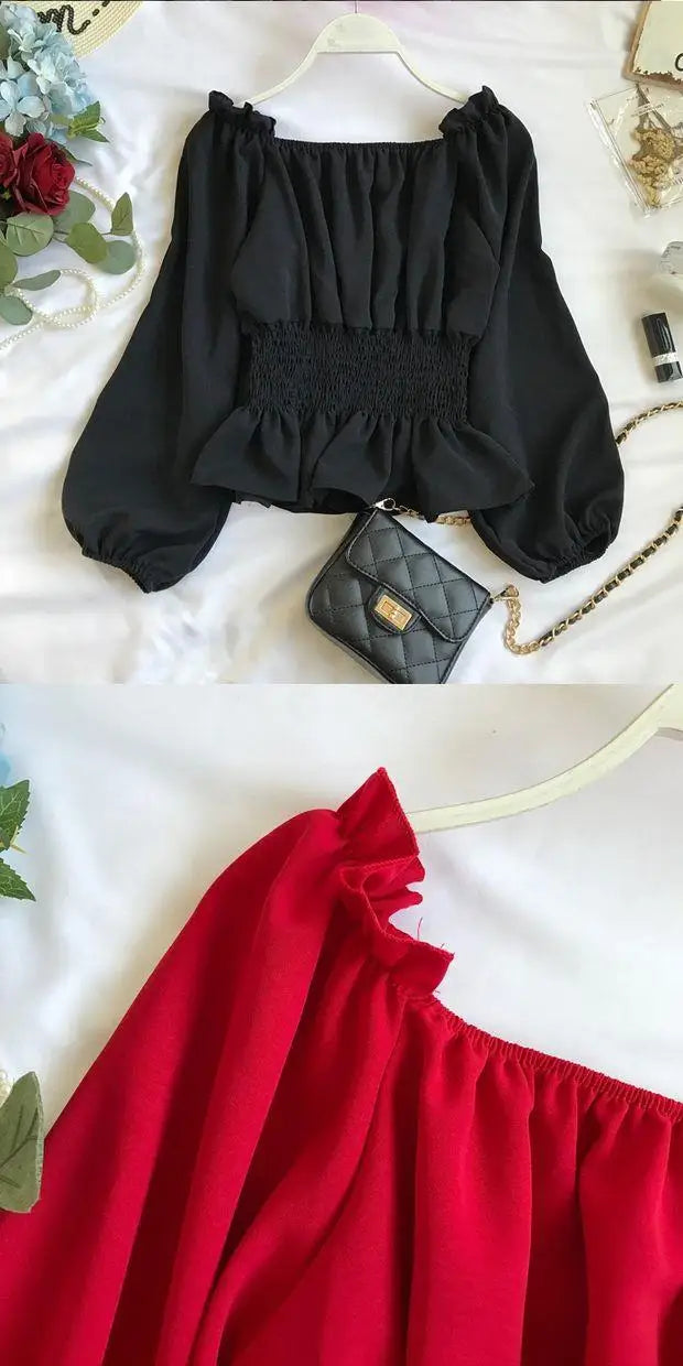 Youth Elegant Blouse Women Chiffon Fashion Blouse Off Shoulder White Shirt Ruffle Puff Sleeve Top Office wear 2026
