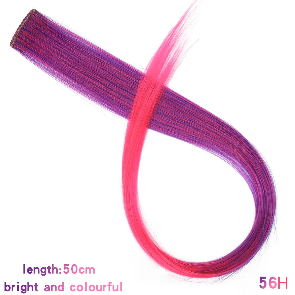 All Long Straight Color Hair Piece Hair Extensions Clip In Highlight Rainbow Hair Streak Pink Synthetic Hair Strands on Clips