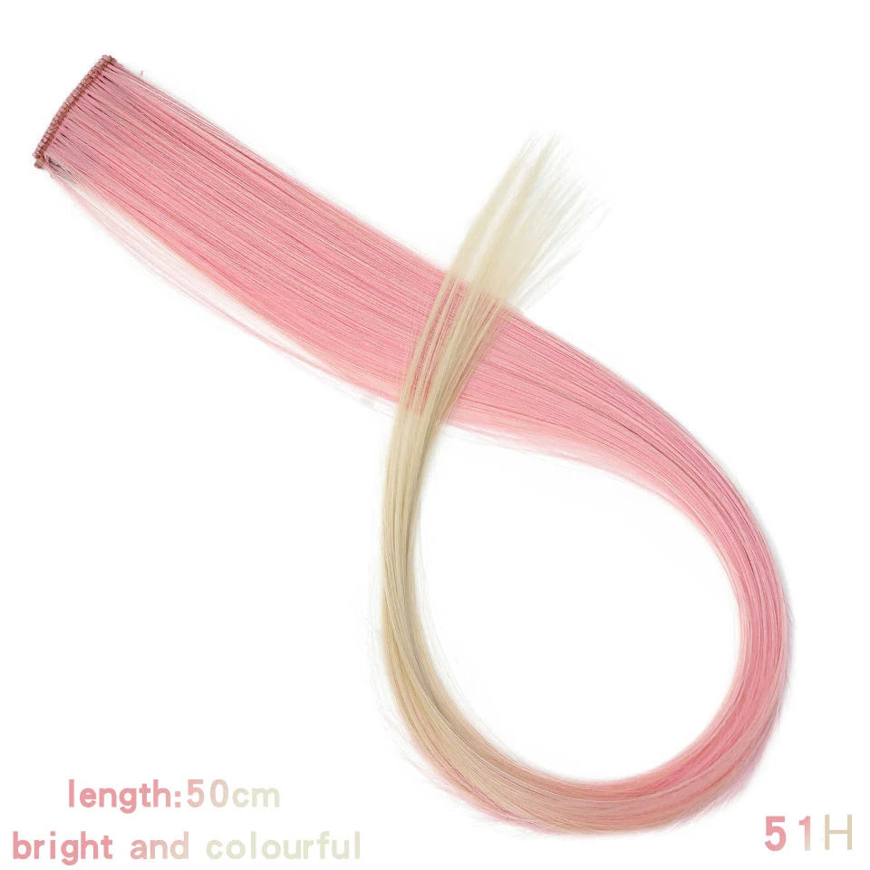 All Long Straight Color Hair Piece Hair Extensions Clip In Highlight Rainbow Hair Streak Pink Synthetic Hair Strands on Clips