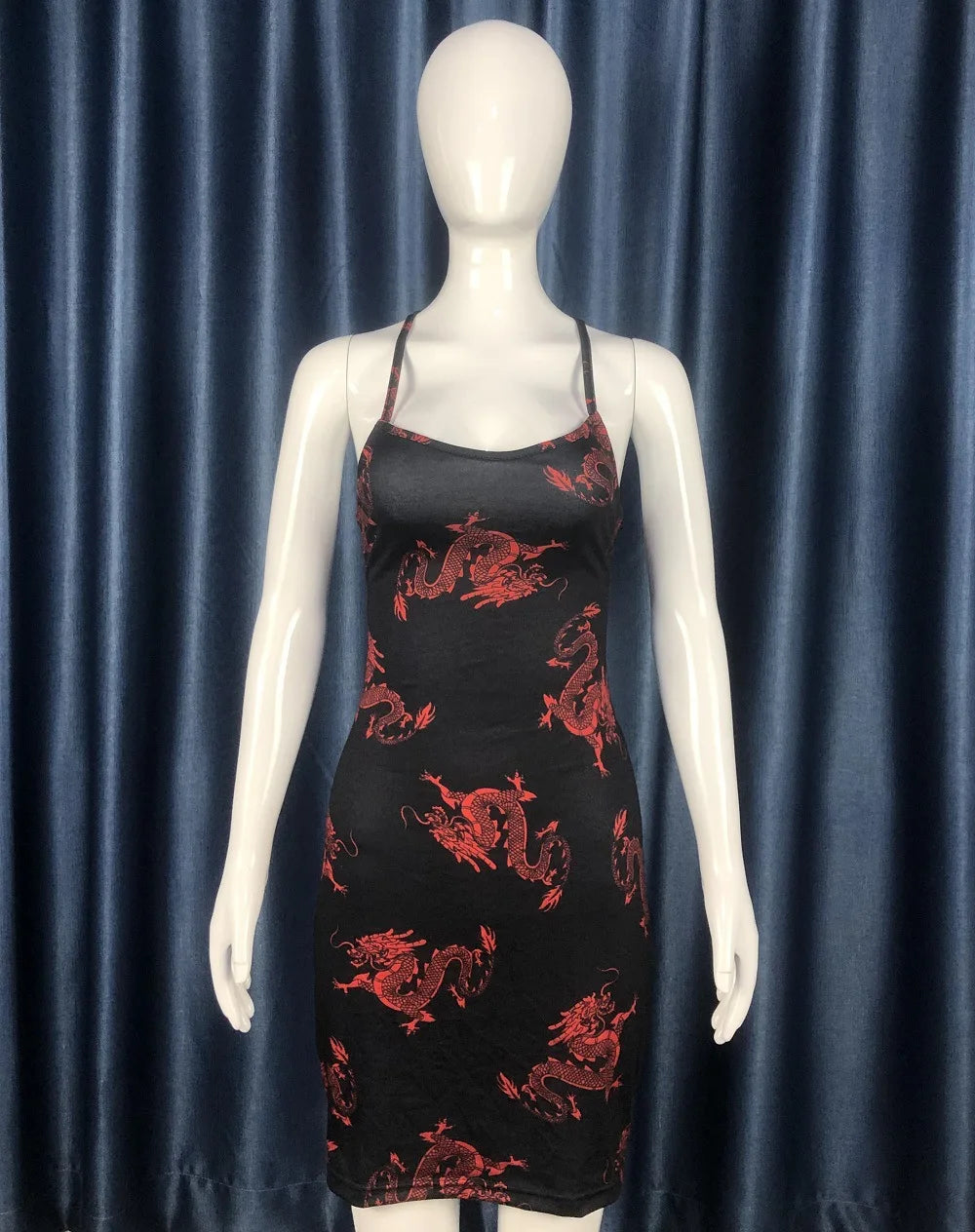 Puloru Chic Dragon Print Spaghetti Strap Mini Sundress Sexy Women's Backless Cross Straps Sheath Dress Party Club Streetwear
