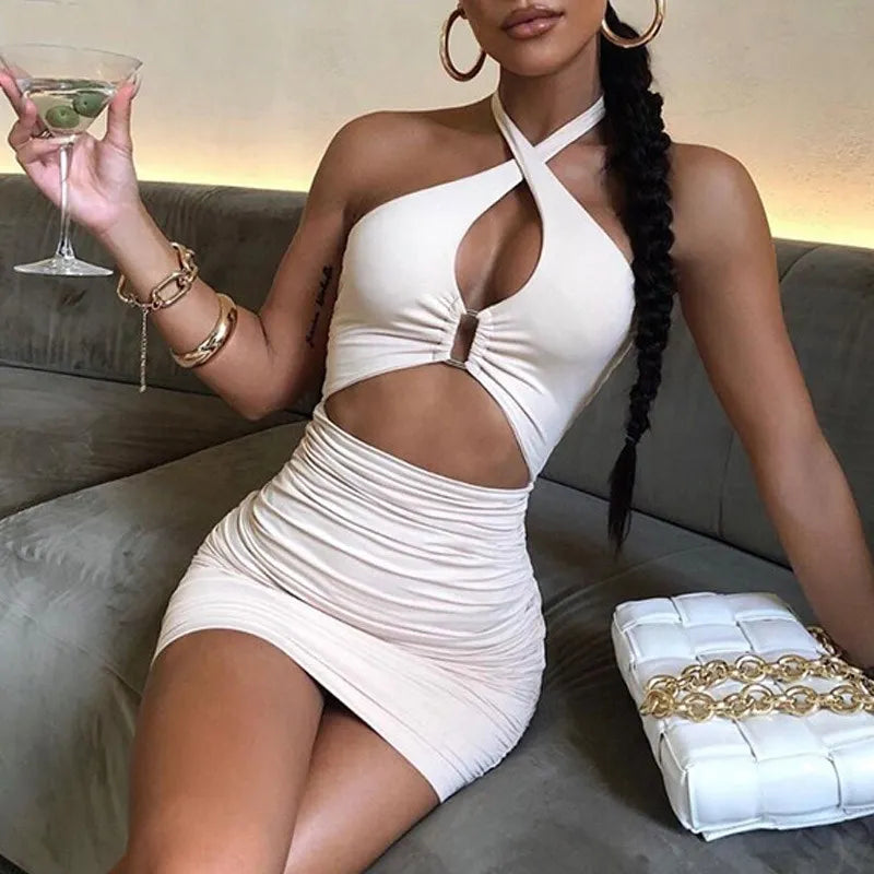 Women's Sleeveless Backless Hollow Out Halter Bodycon Mini Dress – Ruched Party & Club Dress | S–L