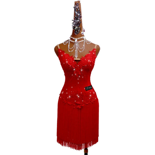 Women's red tassel embroidered Latin competition dress