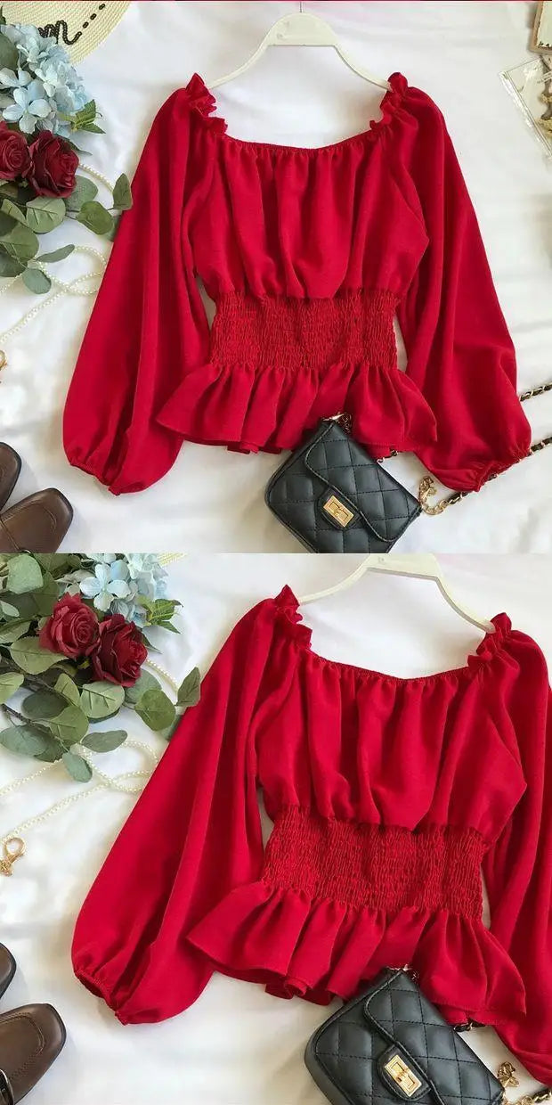 Youth Elegant Blouse Women Chiffon Fashion Blouse Off Shoulder White Shirt Ruffle Puff Sleeve Top Office wear 2026