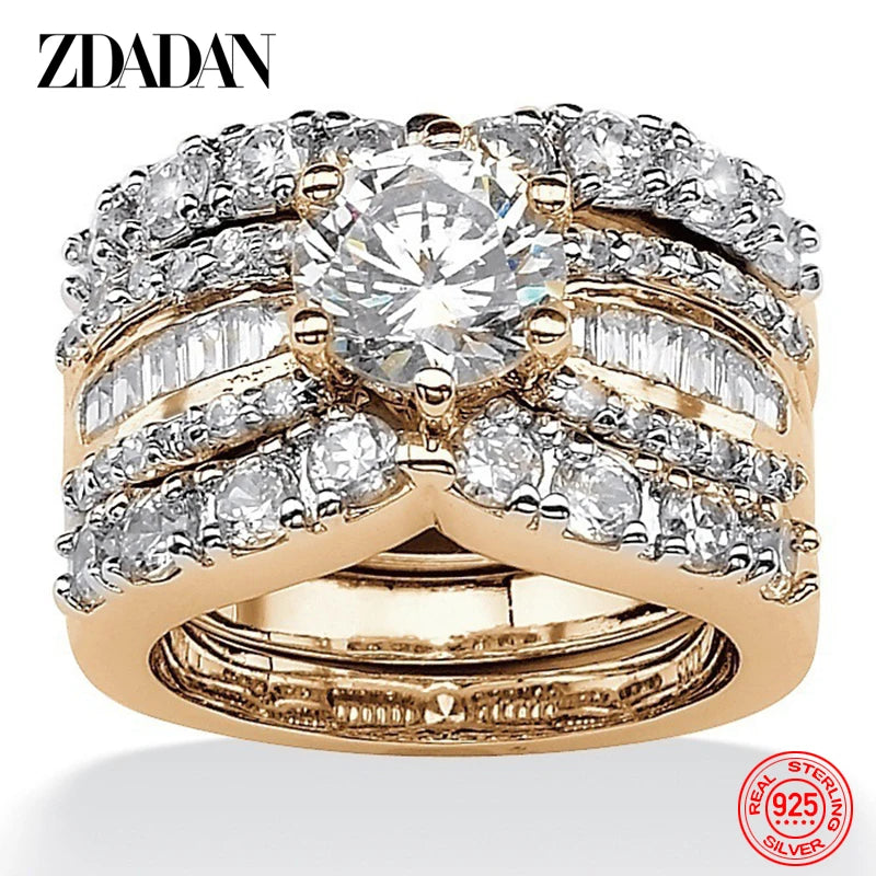 925 Silver 3-Piece Zircon Ring Set – 18K Gold Geometric Stack