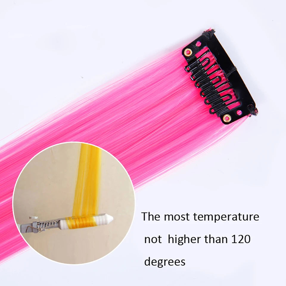 All Long Straight Color Hair Piece Hair Extensions Clip In Highlight Rainbow Hair Streak Pink Synthetic Hair Strands on Clips