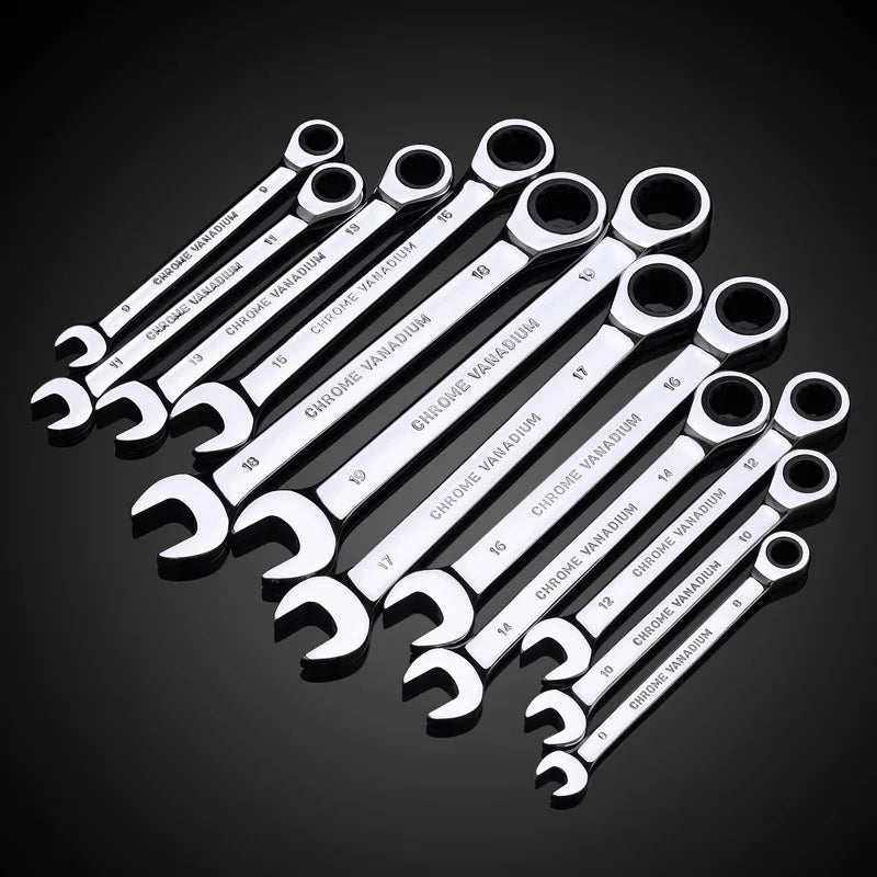 Ratcheting Combination Wrench Set,12 Point Box End and Open End Wrench Set spanner Fit for Garage,Home DIY, Repair,Maintenance