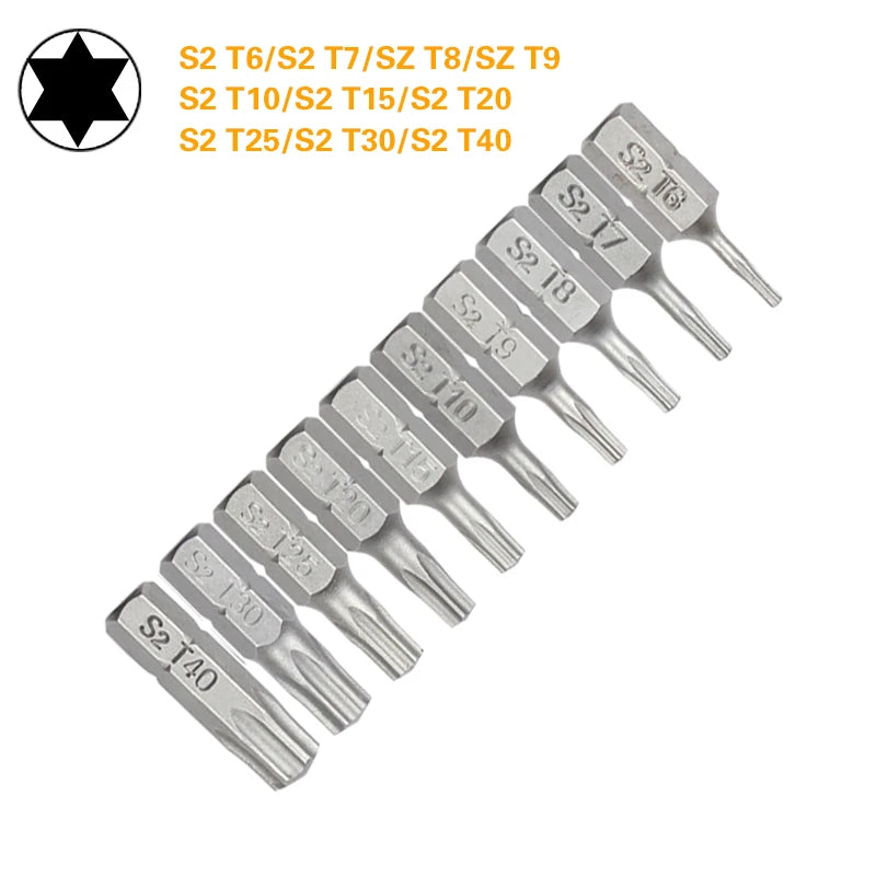Torx Screwdriver Bit Set T6–T40 — S2 Steel 1/4" Hex Shank for Power Tools