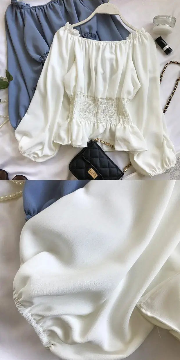 Youth Elegant Blouse Women Chiffon Fashion Blouse Off Shoulder White Shirt Ruffle Puff Sleeve Top Office wear 2026