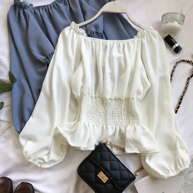 Youth Elegant Blouse Women Chiffon Fashion Blouse Off Shoulder White Shirt Ruffle Puff Sleeve Top Office wear 2026