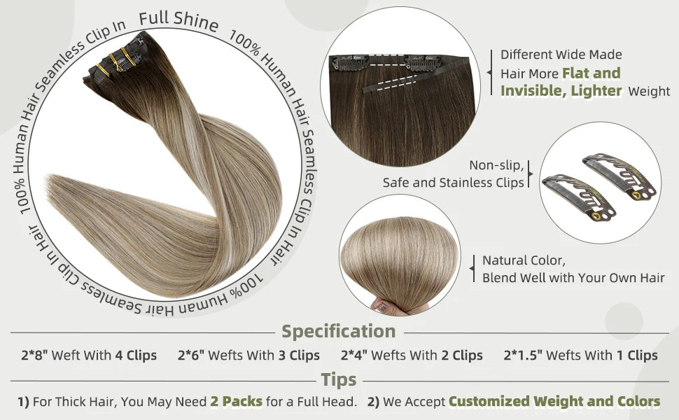 Full Shine Seamless Clip in Hair Extensions Remy Human Hair 8Pcs 120g & 80g Clip In Hair Extensions Human Hair Blonde Skin Weft