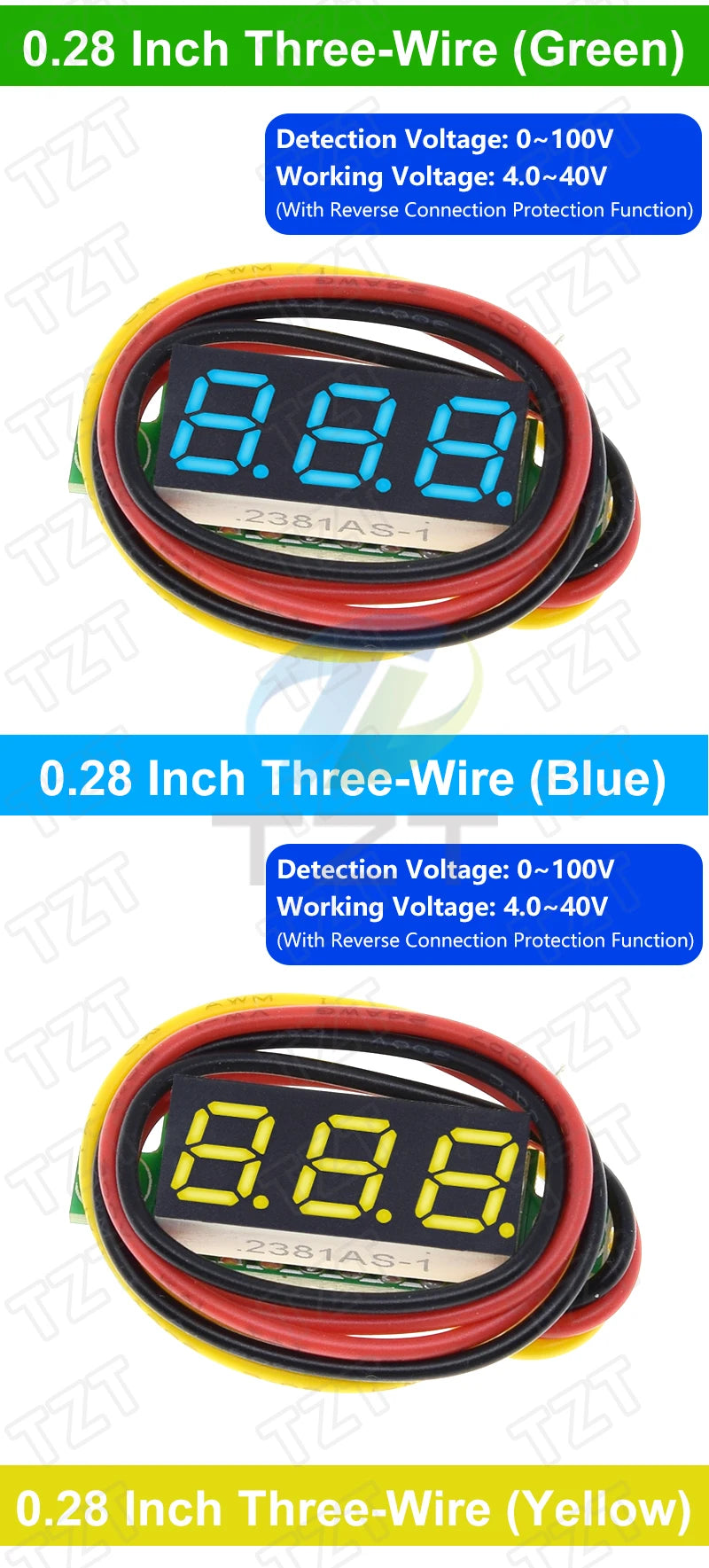 0.28 Inch 2 wires 3 wires 2.5V-40V Mini Digital Voltmeter TZT Voltage Tester Meter Red/Blue/yellow/green LED Screen meter