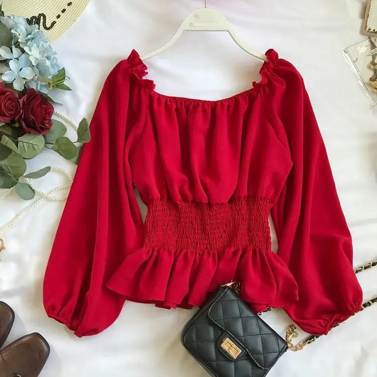 Youth Elegant Blouse Women Chiffon Fashion Blouse Off Shoulder White Shirt Ruffle Puff Sleeve Top Office wear 2026