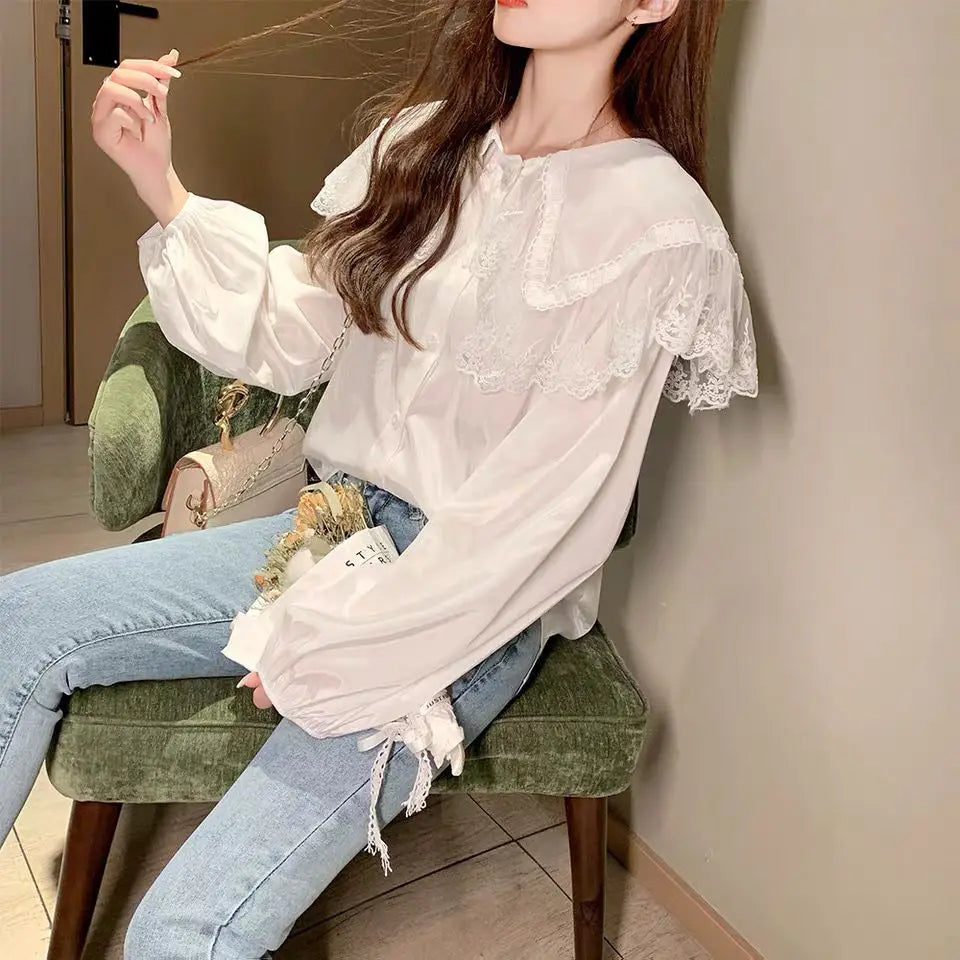 Women Blouse Fan Col Claudine Top Long Sleeve Lace Collar Shirt Blusas Ropa De Mujer