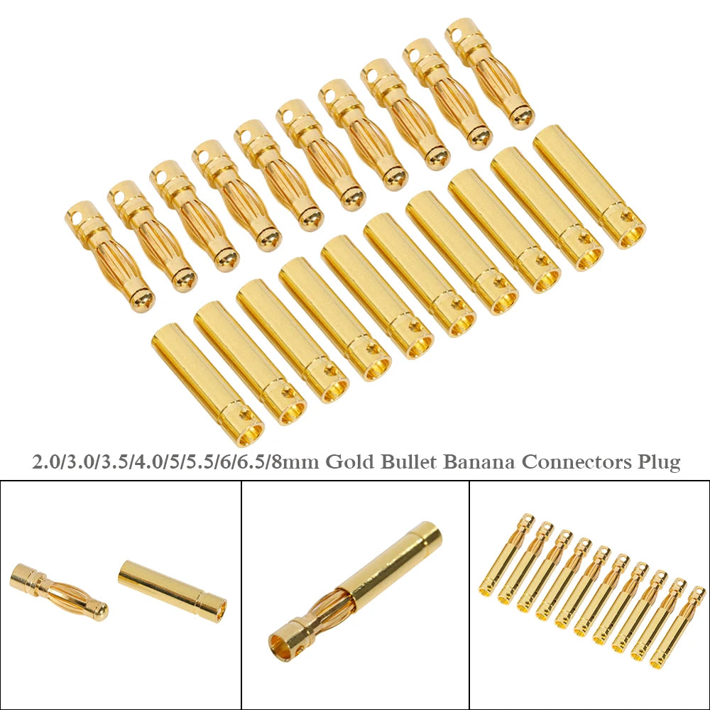 10pair/lot 2.0/3.0/3.5/4.0/5/5.5/6/6.5/8mm Gold Bullet Banana Connectors Plug For Lipo Battery RC ESC Motor DIY Accessories Toy
