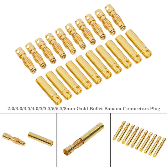 10pair/lot 2.0/3.0/3.5/4.0/5/5.5/6/6.5/8mm Gold Bullet Banana Connectors Plug For Lipo Battery RC ESC Motor DIY Accessories Toy