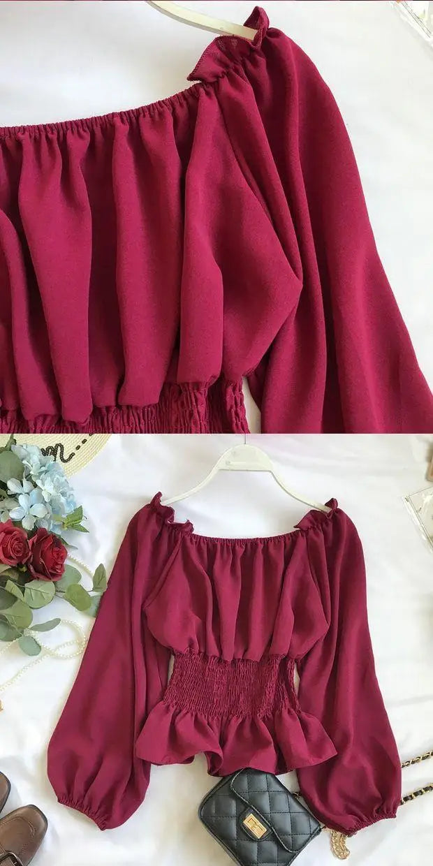 Youth Elegant Blouse Women Chiffon Fashion Blouse Off Shoulder White Shirt Ruffle Puff Sleeve Top Office wear 2026