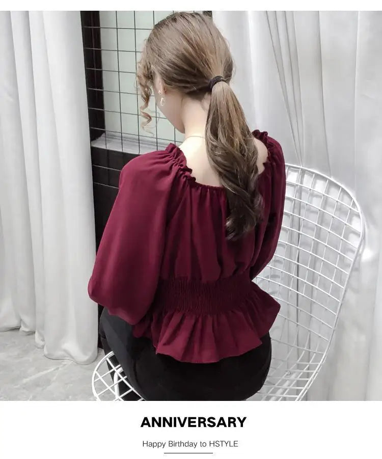 Youth Elegant Blouse Women Chiffon Fashion Blouse Off Shoulder White Shirt Ruffle Puff Sleeve Top Office wear 2026