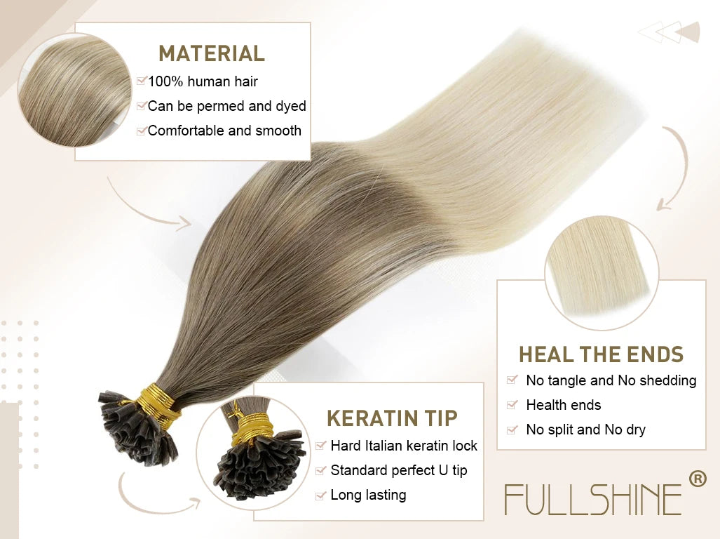 Full Shine U Tip Hair Extensions Fusion Hair Balayage Color 40-50g Keratin Glue Beads Prebonded Human Hair Extensiones