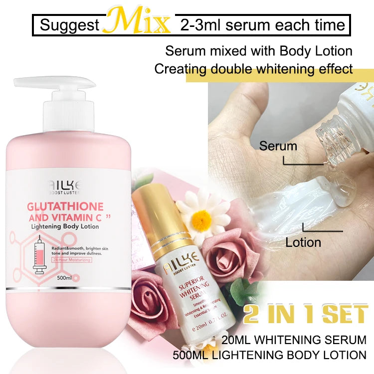 AILKE Glutathione & Vitamin C Brightening Skincare Kit – Whitening Body Lotion, Cream, Serum, Soap & Spa Oil Set